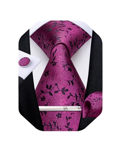 Image of DiBanGu Silk Floral Ties for Men Woven Paisley Necktie and Tie Clip Handkerchief Cufflinks Set for Party Wedding