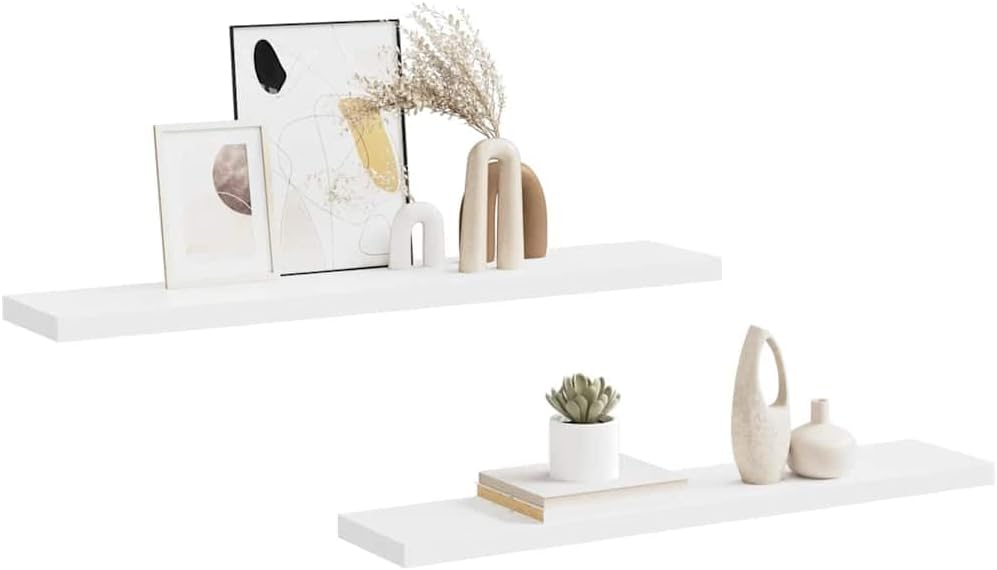 White Honeycomb Floating Wall Shelves Set of 2, Modern MDF and Metal Shelves with Invisible Mounting, 47.2 Inch Long for Display and Storage, Matte White Finish for Home