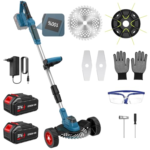 Desbrozadora Bateria, Desbrozadora Electrica con 2 Baterías 3,0 Ah, 3 Tipos Cuchillas, Motor sin Escobillas, Ruedas Desmontables, Varilla Telescópica, Pantalla LCD, Cortabordes para Jardín y Césped