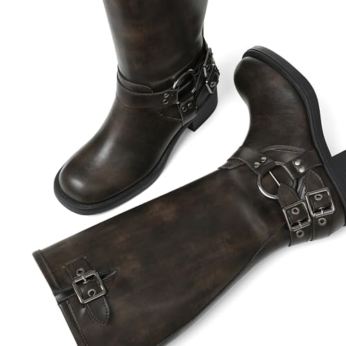 Image of AMINUGAL Knee High Boots Women Square Toe Pull On Wide Calf Riding Fashion Buckles Chunky Metallic Casual Vintage Buckle Rivet