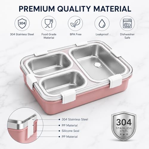 Image of Misamo Enterprise Stainless Steel Lunch Box for Kids & Adults, 3 Compartment Lunch Box, Leak Resistant Food Grade Tiffin Box with Spoon & Fork, BPA Free (Pink)