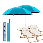 panthem 2 PACK Beach Umbrella with Universal Clamp, UPF 50+ 360 ° Adjustable Shade Umbrella, Portable Parasol for Camping Chair, Wheelchair, Patio Chairs, Golf Carts, Balcony (Light Blue, No Chair)