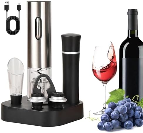 Abridor Elétrico e Automático para Vinho e Cerveja com Cortador de Folha, Derramador Aerador, Bomba de Vácuo, Base e 2 Rolhas | Perfeito para Festas, Jantares e Receções