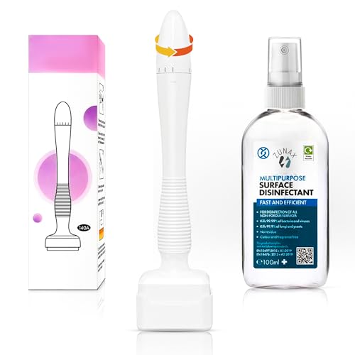Adjustable 140 Pins Derma Stamp with 100ml Disinfectant Spray 0MM-3MM Adjustable Pins for Men and Women Versatile Use for Skin and Scalp Care Easy to Use Packaging May Vary