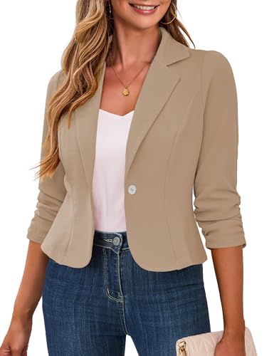 Traleubie Blazers for Women Business Casual Cropped Lightweight Button Up Lapel Jacket Work Office Wear Khaki L