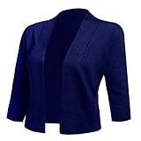 AAMILIFE Women's 3/4 Sleeve Cropped Cardigans Sweaters Jackets Open Front Short Shrugs for Dresses NavyBlue L