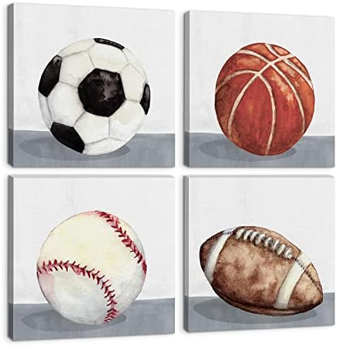 Boys Room Wall Decor Sports Decor for Boys Bedroom Vintage Football Soccer Baseball Basketball Canvas Pictures Kids Wall Art Rustic Ball Painting Playroom Nursery Artwork Home Decorations 12x12" 4 Pcs