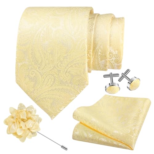 TASTION Mens Yellow Paisley Ties for Men Classic Wedding Necktie and Lapel Pin Woven Handkerchief Cufflinks Set (Yellow)