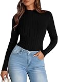 PRETTYGARDEN Women's Fall Long Sleeve T Shirts Casual Crew Neck Ribbed Knit Fitted Basic Plain Tee Tops Blouse (Black,Medium)