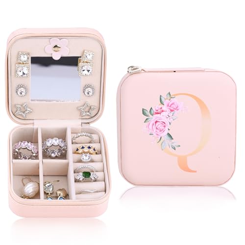 VigorVaul Caixa de joias de viagem, estojo pequeno com inicial Q para mulheres | Caixa organizadora de joias rosa | Presentes de aniversário personalizados para meninas | Presentes de professores para