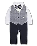 Diseño de estilo: los trajes de bautizo para niños están disponibles en azul y gris para elegir para su bebé. El chaleco conectado a la camiseta de manga larga se puede abrir con botones para poner y quitar fácilmente. La pajarita en el escote es extraíble, lo que hace que el bebé sea muy caballeroso.