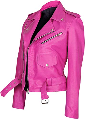 Women's Brando Style Hot Pink Genuine Lambskin Leather Biker Jacket – Real Leather Motorcycle Jacket3