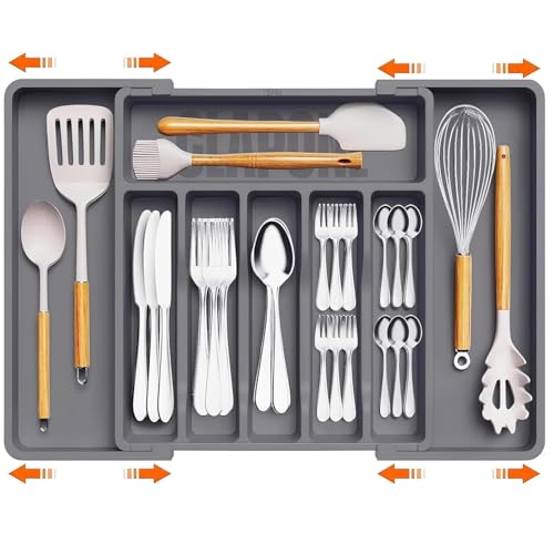 Image of CLAPONE Drawer Organizer Tray /Kitchen Expandable Utensil Tray /Adjustable Utensil Organizer /Cutlery Silverware Flatware Holder /Divider for Spoons Forks Knives Tablewar - Grey, 1PCS