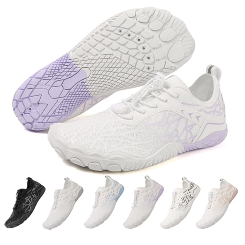 ZEPYFXIT Zapatos de Agua Mujer Hombre Secado Rápido Calzado Descalzos Ligeras Flexibles Barefoot Zapatillas de Deportes Transpirable Piscina Playa(Blanco Morado,41 EU)