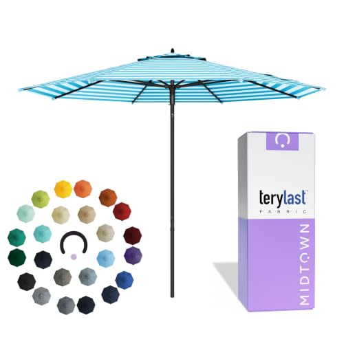 Image of Midtown Umbrellas Push and Pop - 9 Ft Patio Umbrella, Cobalt Stripes Canopy
