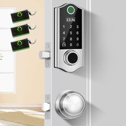 Harfo Fingerprint Door Lock, Keyless Entry Door Lock with Handle, Smart Front Door Lock Set, Electronic Keypad Deadbolt, Auto Lock, Waterproof, Easy Installation, Satin Nickel