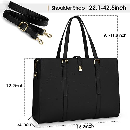 Laptop Bag for Women 15.6 Inch Leather Laptop Tote Bag Waterproof Womens Work Shoulder Bag Professional Computer Briefcase Business Office Bag Large Capacity Fashion Handbag Black - Thumbnail 5