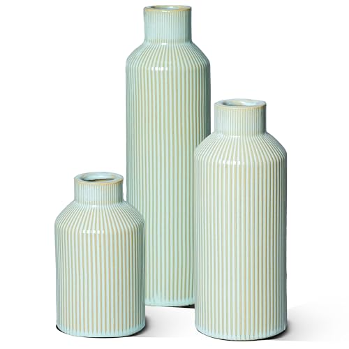 Wancetang Green Vase Set of 3, Ribbed Ceramic Flower Vase,