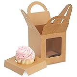 Kraft Paper Cupcake Boxes - 50-Pack Single Bakery Box Packaging with Clear Display Window, Insert, and Handle, Pastry Carrier Disposable Take-Out Container, Holds 1, Brown, 3.7 x 4.2 x 3.7 Inches