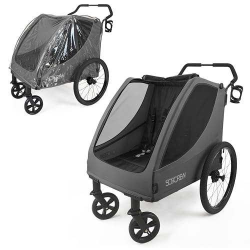 509 Trekker II - Patinete de carrito multiusos para 2 niños de 6 m de arriba, para mascotas, para carga, carro de empuje de 4 ruedas, carga máxima de 50 kg, incluye cubierta para lluvia, color gris