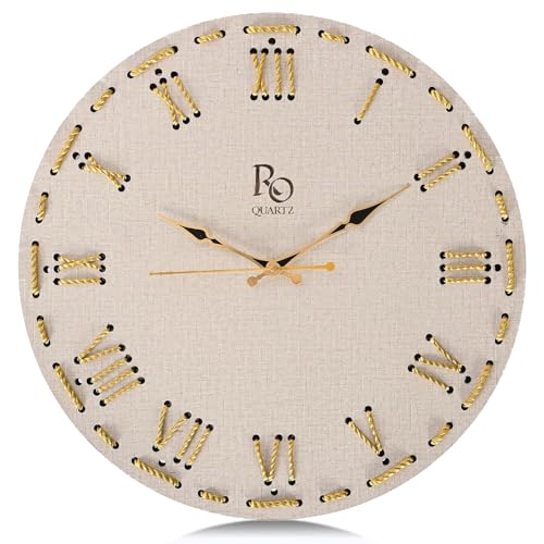 Image of Wooden Round Shape Roman Dial Wall Clock with Golden Hand & Golden Zari Rope Detailing | Silent Quartz Movement Anti Reflection Analog Vintage Clock for Office and Home (Ivory, 15.5 Inch)