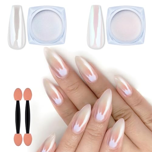 Artdone 2 Jars Chrome Nail Powder White and Red Pearl, Iridescent...