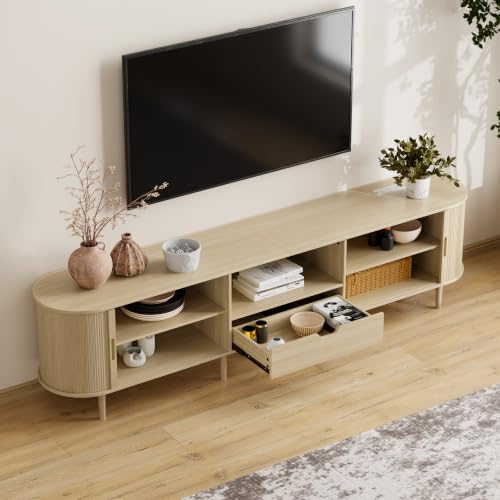 Image of DHH 86.6 inch Fluted TV Stand with Power Outlet for TVs up to 90 inch, TV Console with Adjustable Shelves and Sliding Door,Mid Century Modern Entertainment Center for Living Room,Bedroom (Natural Wood)