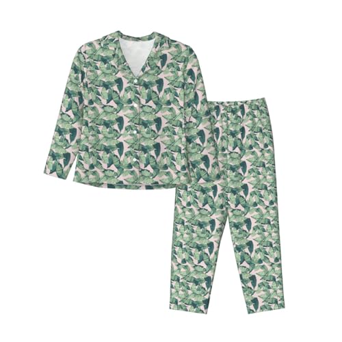 Ensemble de pyjama à manches longues élégant en motif palmier avec taille élastique haut de gamme
