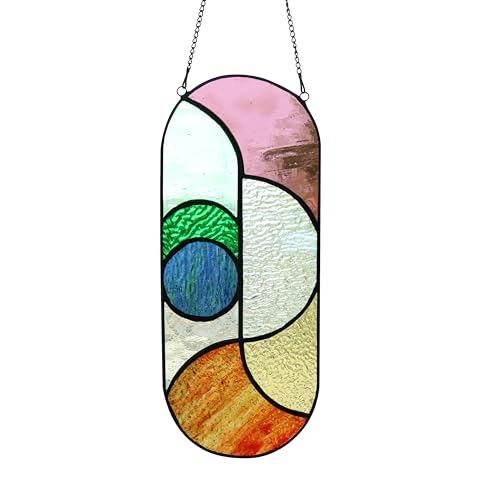 Geometric Design Style Suncatchers Stained Glass Window Panel,Beautiful Fairshaped Tiffany Style Stained Glass Window Hanging with Chain (Flowing Color)