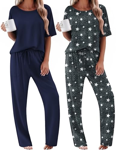 Image of Ekouaer 2 Pack Womens Pajamas Sets Short Sleeve Long Pants Pjs Lounge Set