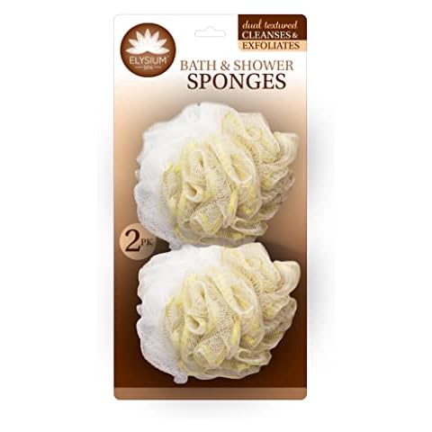 ELYSIUM SPA Twin Pack Mesh Exfoliating Bath & Shower Body Puff Sponges, White & Gold, ELY1082A-AMZ Cover