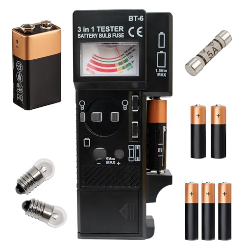 3 in 1 Battery Bulb & Fuse Tester - Lightbulbs, Multi-Use Testing Tool, AAA, AA, 9V, Colour Coded, Easy to Use, Compact, Portable, Analogue Scale Meter