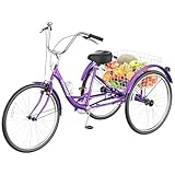 Max4out Adult Tricycle with Large Basket 24/26 Inch, Stable 3-Wheel Cruise Bicycle for Shopping, Beach and City Trike Perfect for Men, Women, Seniors Red/Blue/Purple