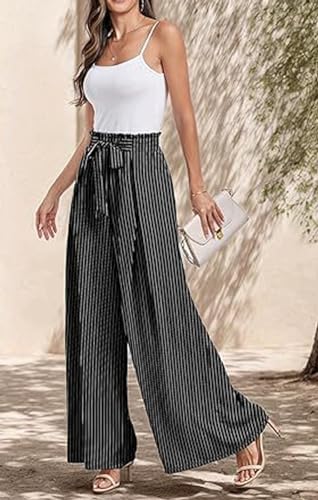 utcoco Printed Pants for Women Work Casual Loose Trousers High Waist Adjustable Knot Wide Leg Pants with Pockets2