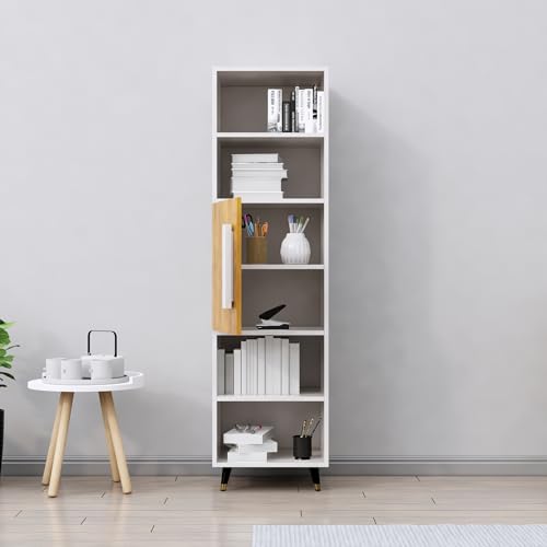 Image of Bniture Bookshelf for Home | Engineered Wood Book Shelf with 1 Door & 4 Shelf | Open Book Shelf Stand for Library | Multipurpose Display Organizer for Living Room & Study | Frosty White & Giant Wood