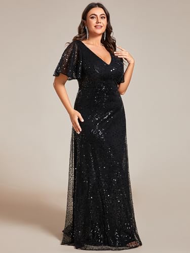 Ever-Pretty Plus Women's V Neck Sequin Plus Size Ruffle Sleeves Long Formal Dresses 02120-DAPH4