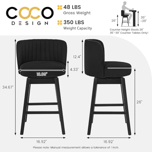 Image of COCO DESIGN Swivel Bar Stools Set of 6, 26 inch Counter Height Mid Century Modern Barstools with Back, Linen Upholstered Seat and Solid Wood Legs, for Bar Kitchen Island, Mysterious Black
