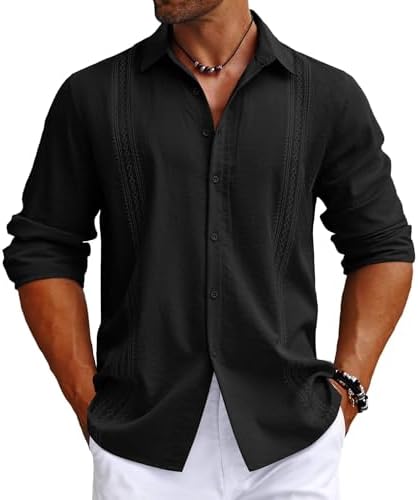 COOFANDY Men’s Cuban Guayabera Shirt Long Sleeve Casual Button Down Shirts Beach Linen Shirt