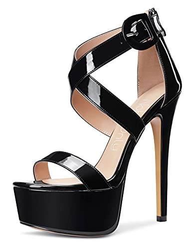 NobleOnly Zapatos de Tacón Mujer Plataforma Sandalias Moda Cremallera Tacón de Aguja 15CM High Heels Negro Charol Zapatos EU 37