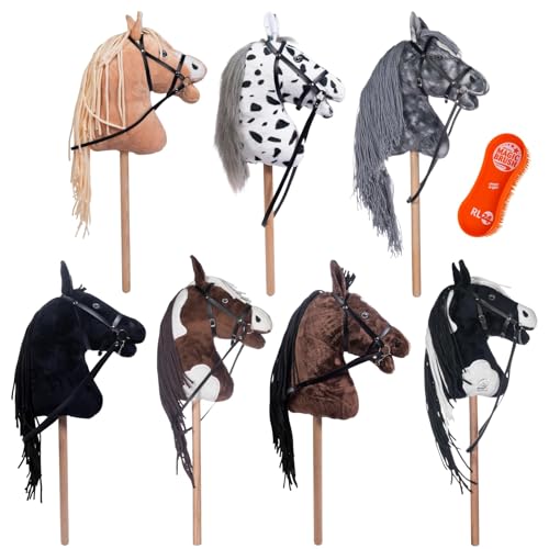 RL24 HKM - Hobby Horse Pepper inkl MagicBrush | Steckenpferd mit Trense | Spielpferd aus Plüsch mit Holzstock & Langer Mähne | Stockpferd ohne Griffe & Rollen | schwarz/weiß