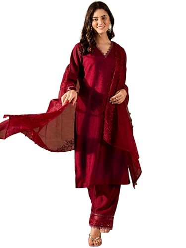 Image of FABIAN FASHION Women's Maroon Straight Kurta Palazzo Pant with Organza Dupatta Set Festive Ethnic Wear(ES 2537)
