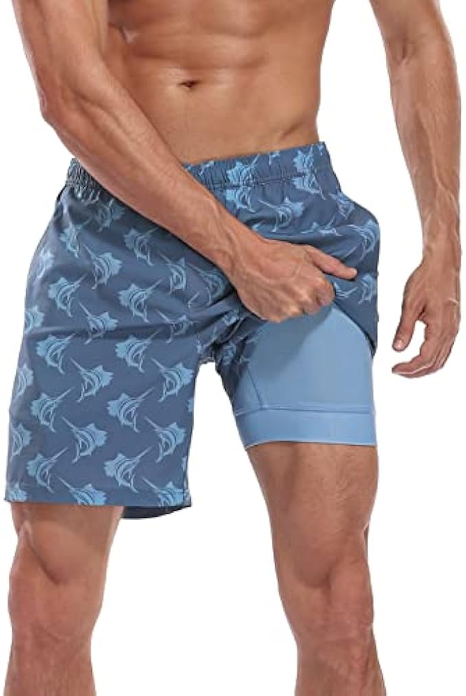 LRD Men's Swim Trunks with Compression Liner 7 Inch Inseam Quick Dry Swim Shorts