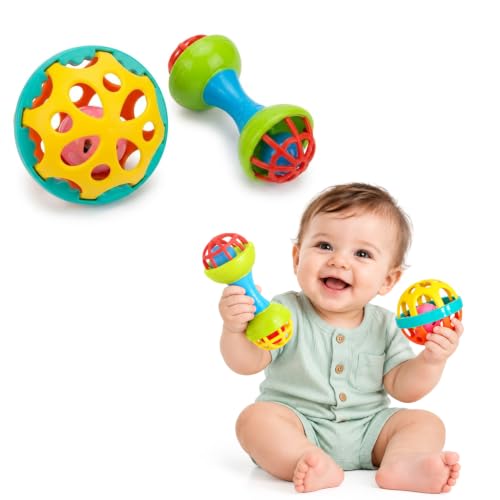 Image of BabyGo Ball Rattle & Dumbbell Toy Set for Babies 0-12 Months | BPA-Free Silicone & ABS Plastic | Soft-Sound Sensory Toys for Teething & Early Development | Pack of 2