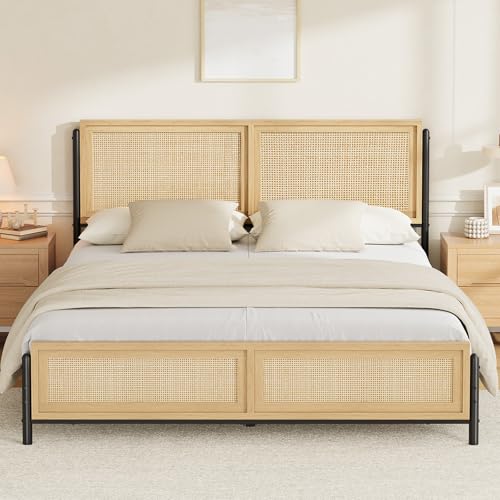 GarveeHome Boho King Size Bed Frame with Natural Rattan Headboard and Footboard, Wooden King...