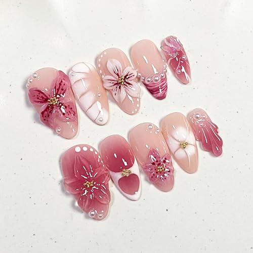 30Pcs Pink Handmade Press on Nails Almond Fake Nails with 3D Flower Gold Bead Pearl Design Medium Cute False Nails Butterfly Acrylic Nails Spring Flower Artificial Glue on Nails for Women Manicure