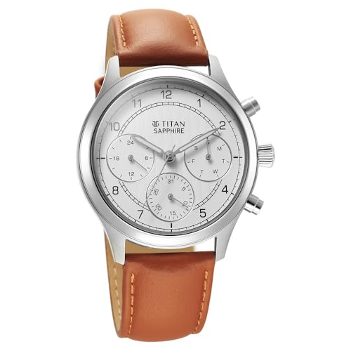 Image of Titan Sapphire Quartz Multifunction White Dial Brown Leather Strap Watch for Men - NT1874SL05