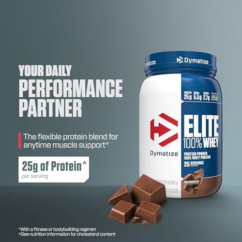 Image of Dymatize Elite 100% Whey Protein Powder, Chocolate, 25g of Protein, 5.5g BCAAs, Less Than 140 Cal., Gluten Free, 3g Carb, 2g Sugar, 3g Fat (25 Servings)