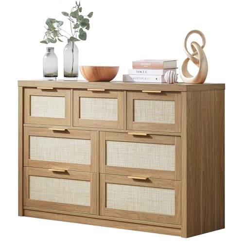 OAKHAM HOME 7 Drawers Dresser, Rattan Dresser TV Stand for Bedroom Closet, Wood Chests of Drawers with Metal Handle and Wide Drawers, 52.76" W x 17.71" D x 31.69" H