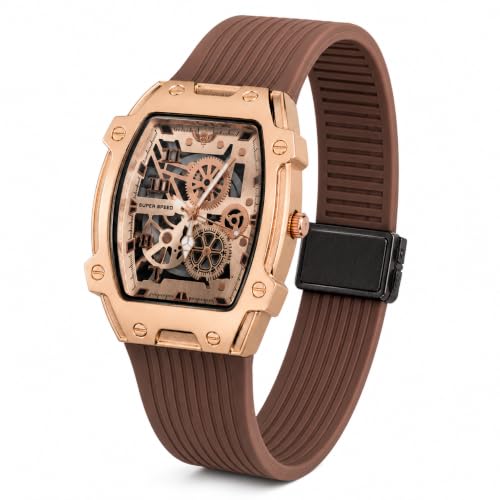 Image of Men's Analog Watch with Skeleton Dial, Rose Gold Alloy Case, Brown Silicone Strap, Quartz Movement, Magnetic Buckle & 30M Water Resistant Wrist Watch