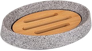 SOAPHA Soap Dishes for Bathroom with Drainage Holes  Natural Wooden Bamboo Soap Dish Holder with Drain Tray for Shower, Kitchen, Sink  Non slip Eco Soap Saver, Stone Effect (Grey)